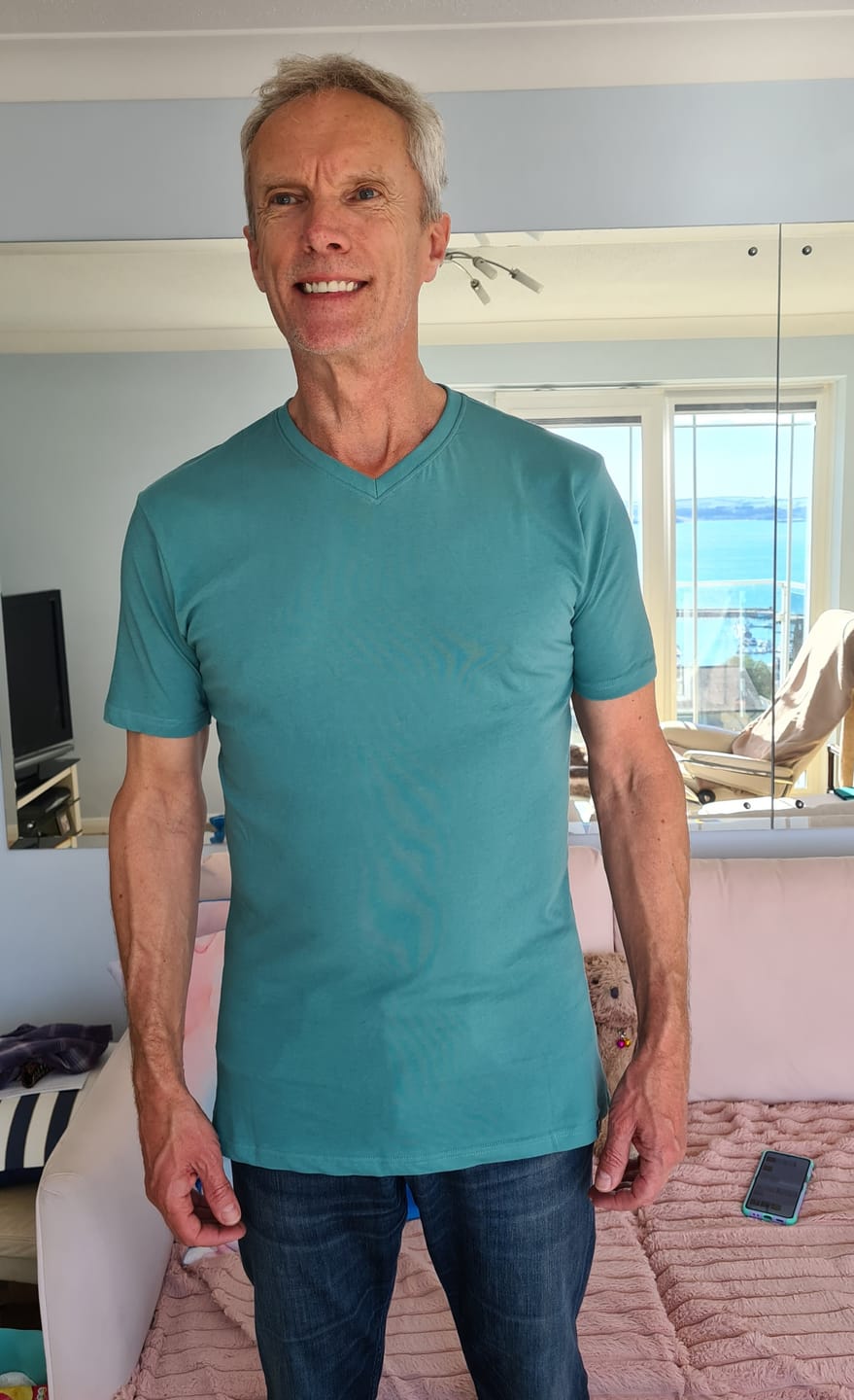 Customer photo review of Organic Tall Slim V-Neck T-Shirt (Teal)
