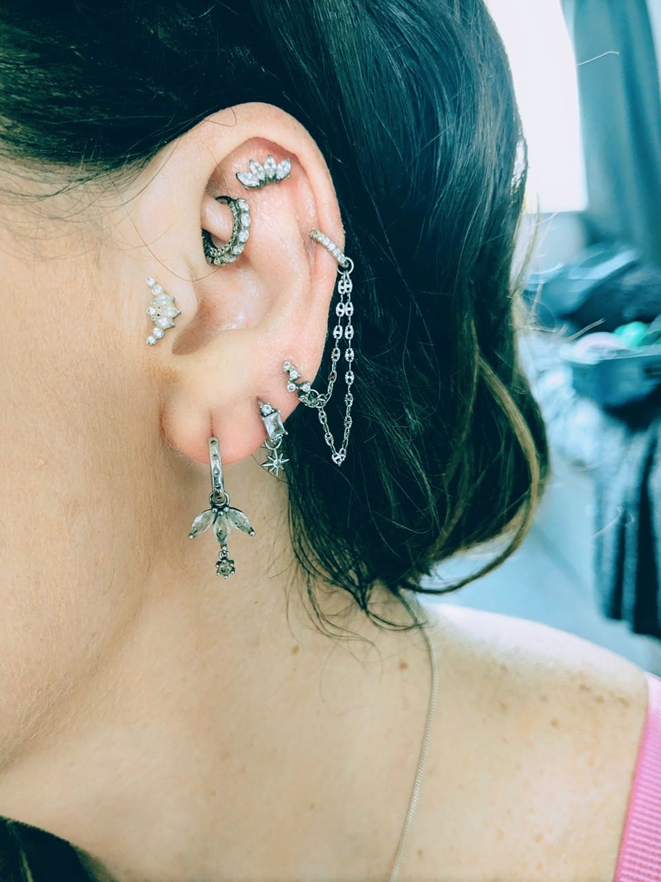 Customer photo review of Stacked Crystal Huggie Hoop