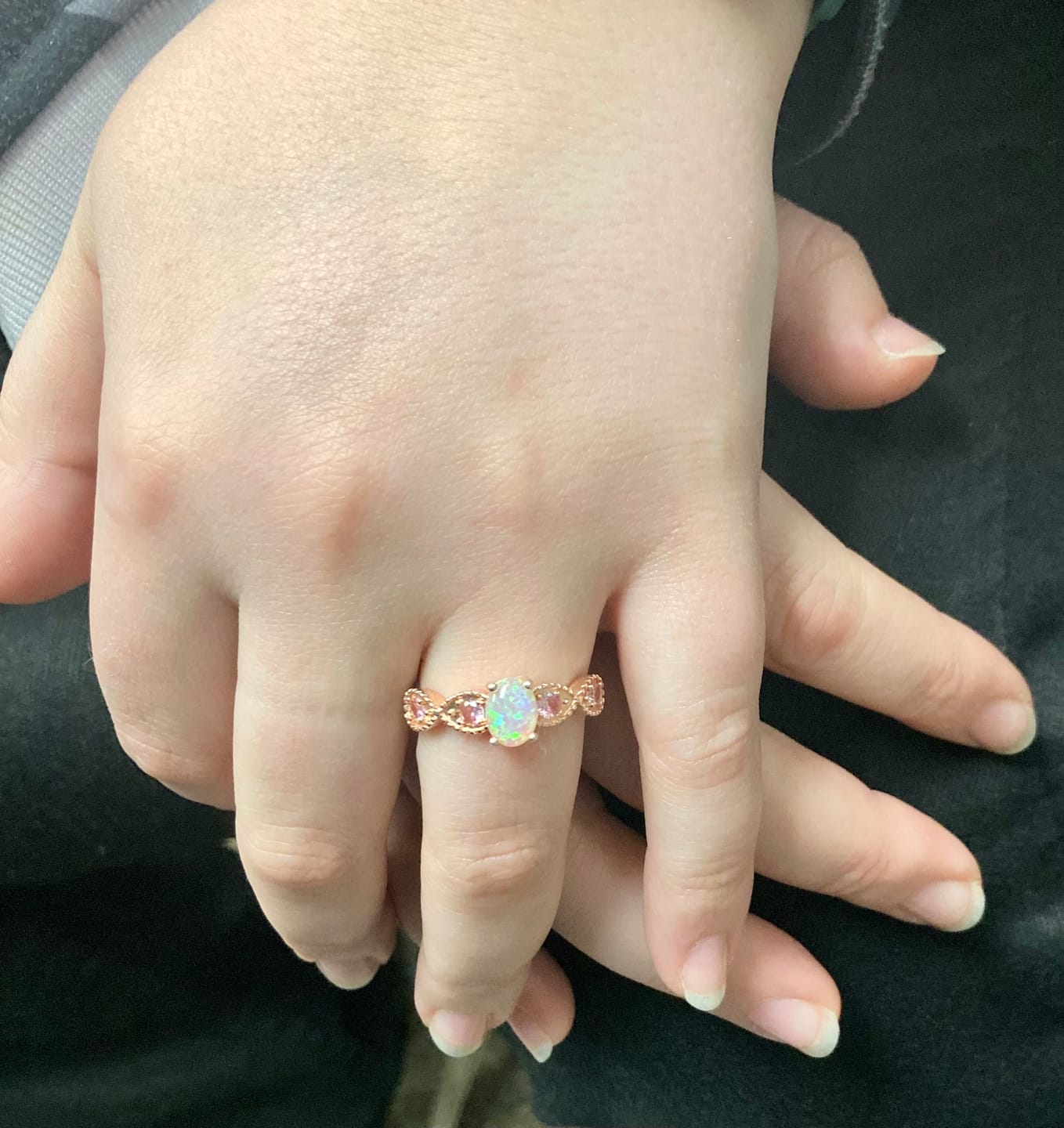 Customer photo review of Rustic White Fire Opal Amethyst Rose Gold Ring