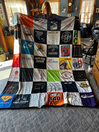 T-shirt quilt featuring adams state university, virginia blair by Laura from NY