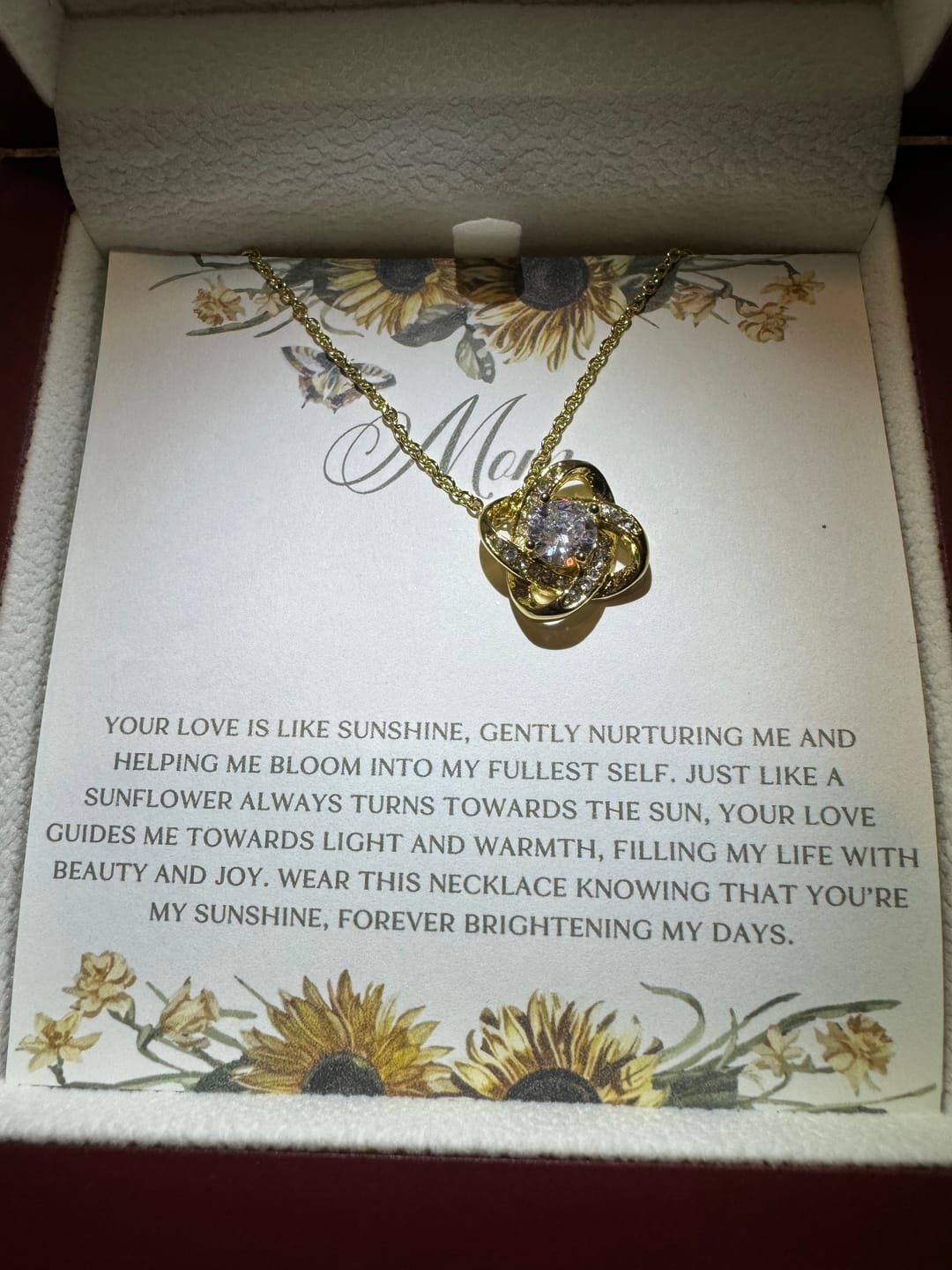 Customer photo review of Love Like Sunshine Sunflower Mom Love Knot Necklace