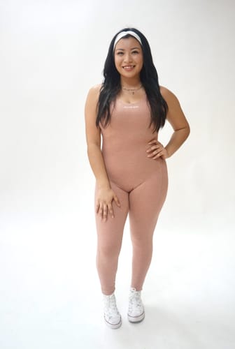 Customer photo review of Heather Dusty Pink Snatching Scrunch Butt Jumpsuit