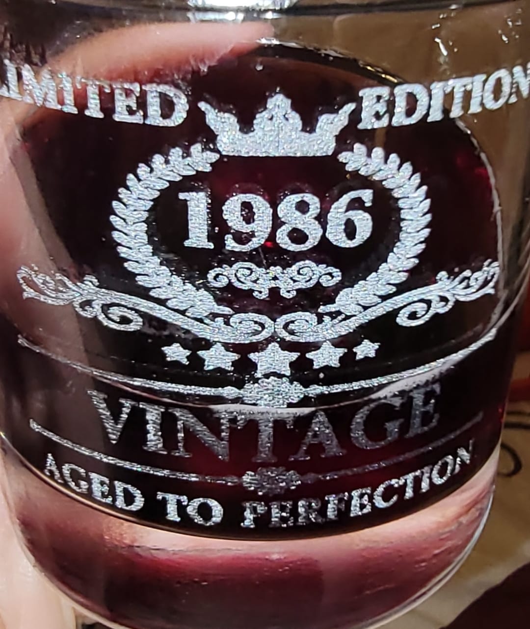 Customer photo review of 35th Birthday Vintage 35 Years Old Established 1986 Engraved 10.25oz Old Fashion Glass