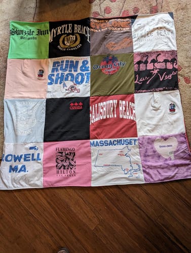 T-shirt quilt with beach, travel themes by Betsy from NJ