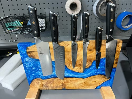Customer photo review of "Tsunami" Extra Large Magnetic Knife Block - Holds Up to 16 Knives - Blue Resin & Natural Wood Blend