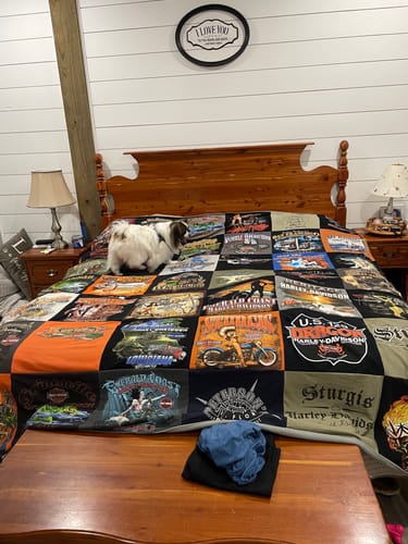 T-shirt quilt with motorcycles, travel themes by Julie from FL