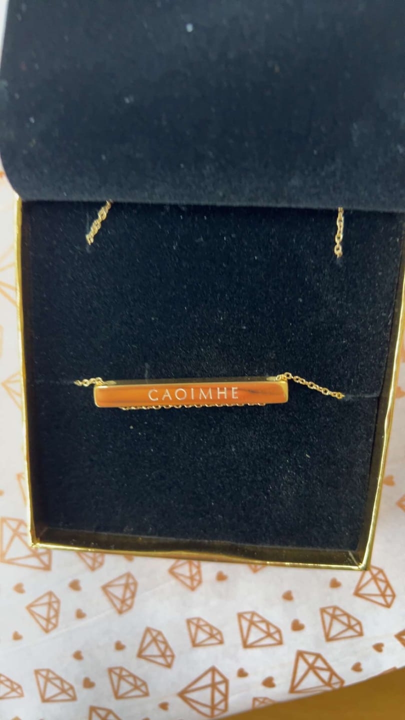Customer photo review of 4cm Letter Bar Necklace in Gold Horizontal