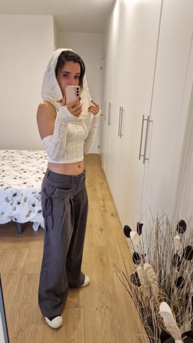 Customer photo review of Textured off shoulder hoodie gloves cowl neck crop top