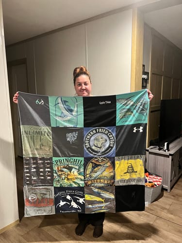 T-shirt quilt with fishing, outdoor sports themes by Rebecca from NC