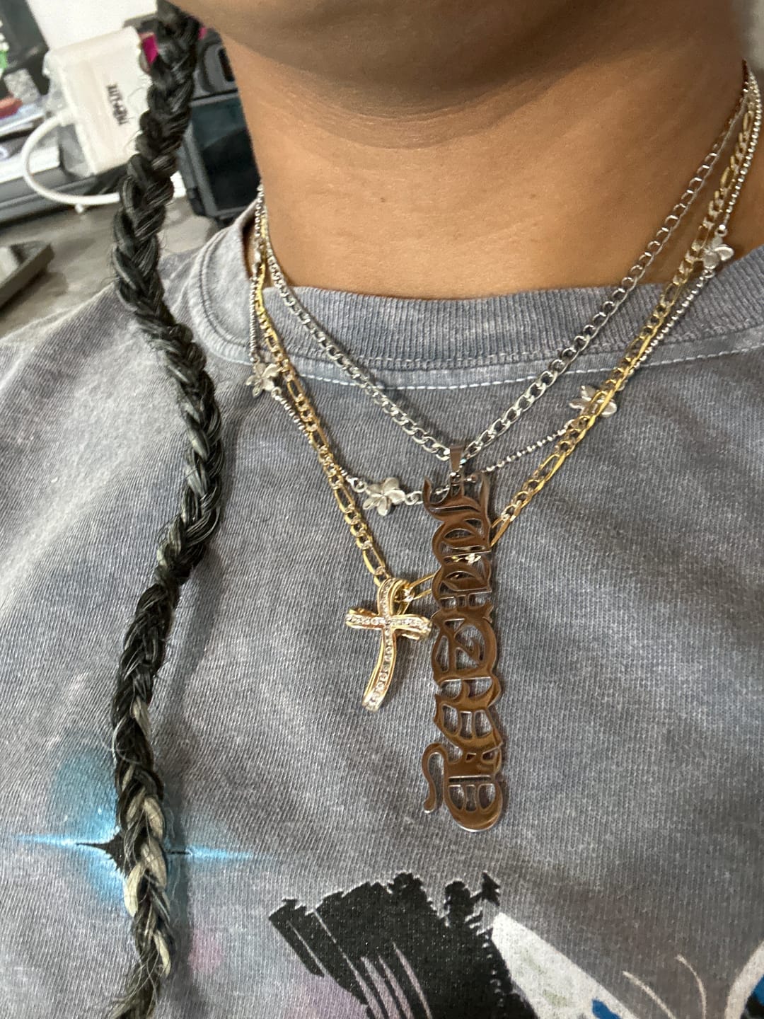 Customer photo review of Vertical Gothic Name Necklace w/ Cuban Chain