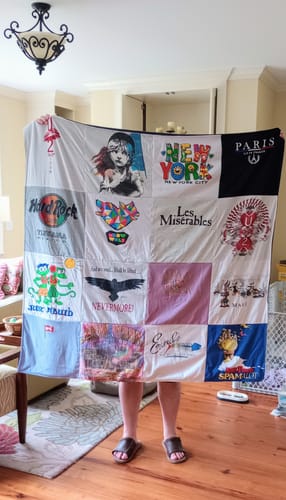 T-shirt quilt with travel, theater themes by Marni from NC