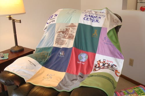 T-shirt quilt with gardening, crafting themes by Pamela from IA