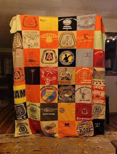 T-shirt quilt with labor unions, construction themes by Heathet from PA