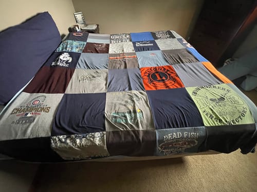 T-shirt quilt with sports, fishing themes by Nancy from IL