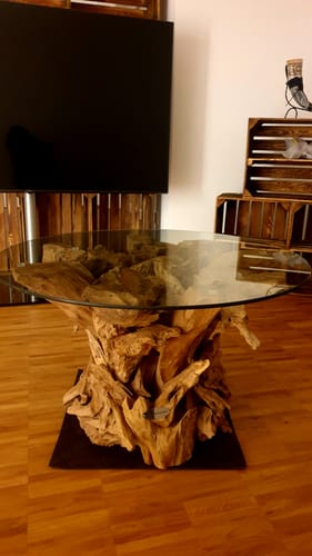 Customer photo review of Handgearbeiteter Couchtisch IKAL aus Wurzelholz inkl. Glasscheibe Ø 80 cm