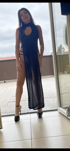 Customer photo review of Sleeveless hoodie low cut slit self tie turtle neck see through maxi dress