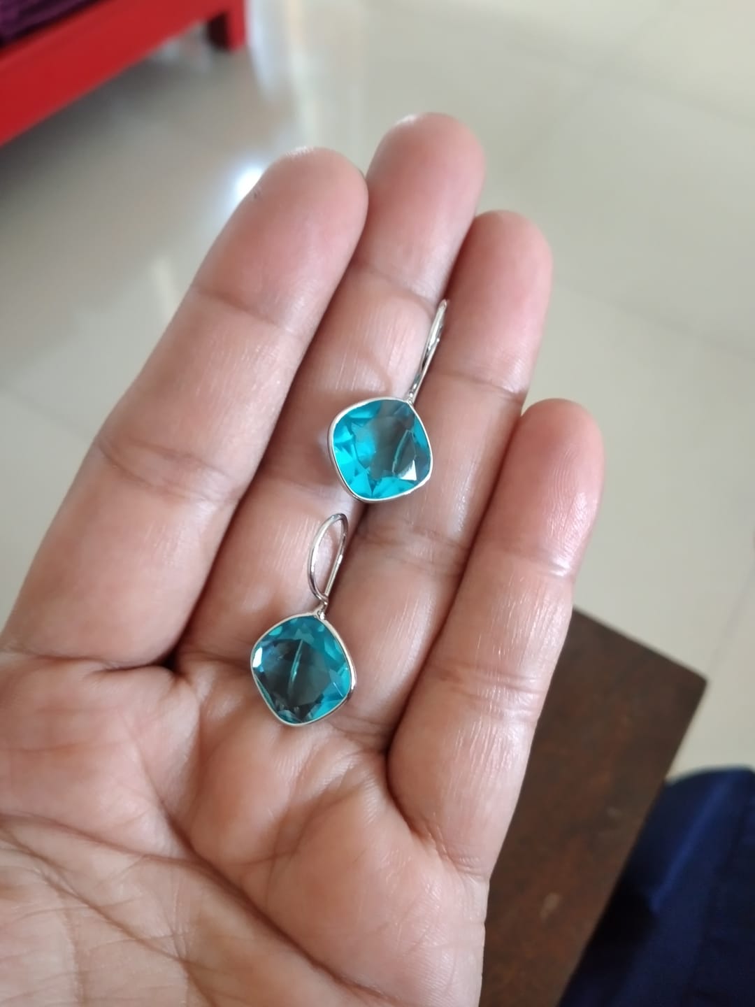 Customer photo review of Silver Aqua Blue Crystal Earrings