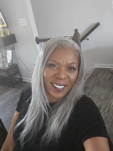 Customer photo review of Luvwin Salt & Pepper Gray Beginner Friendly Glueless Straight Wig 100% Human Hair