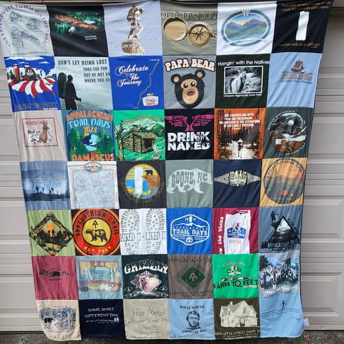 T-shirt quilt with hiking, outdoor activities themes by Gordon from TN