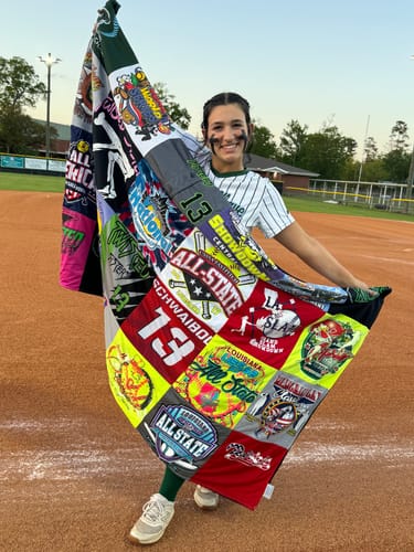 T-shirt quilt with softball, sports themes by Angela from LA