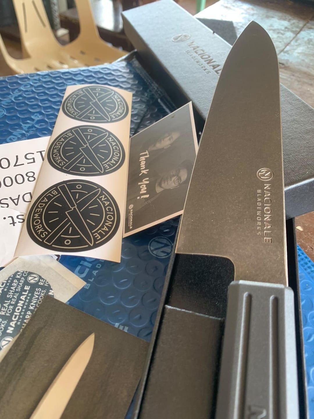 Customer photo review of 185mm Gyuto. Black Stonewashed AUS8. Black Recycled Plastic Skateboard Material Handle
