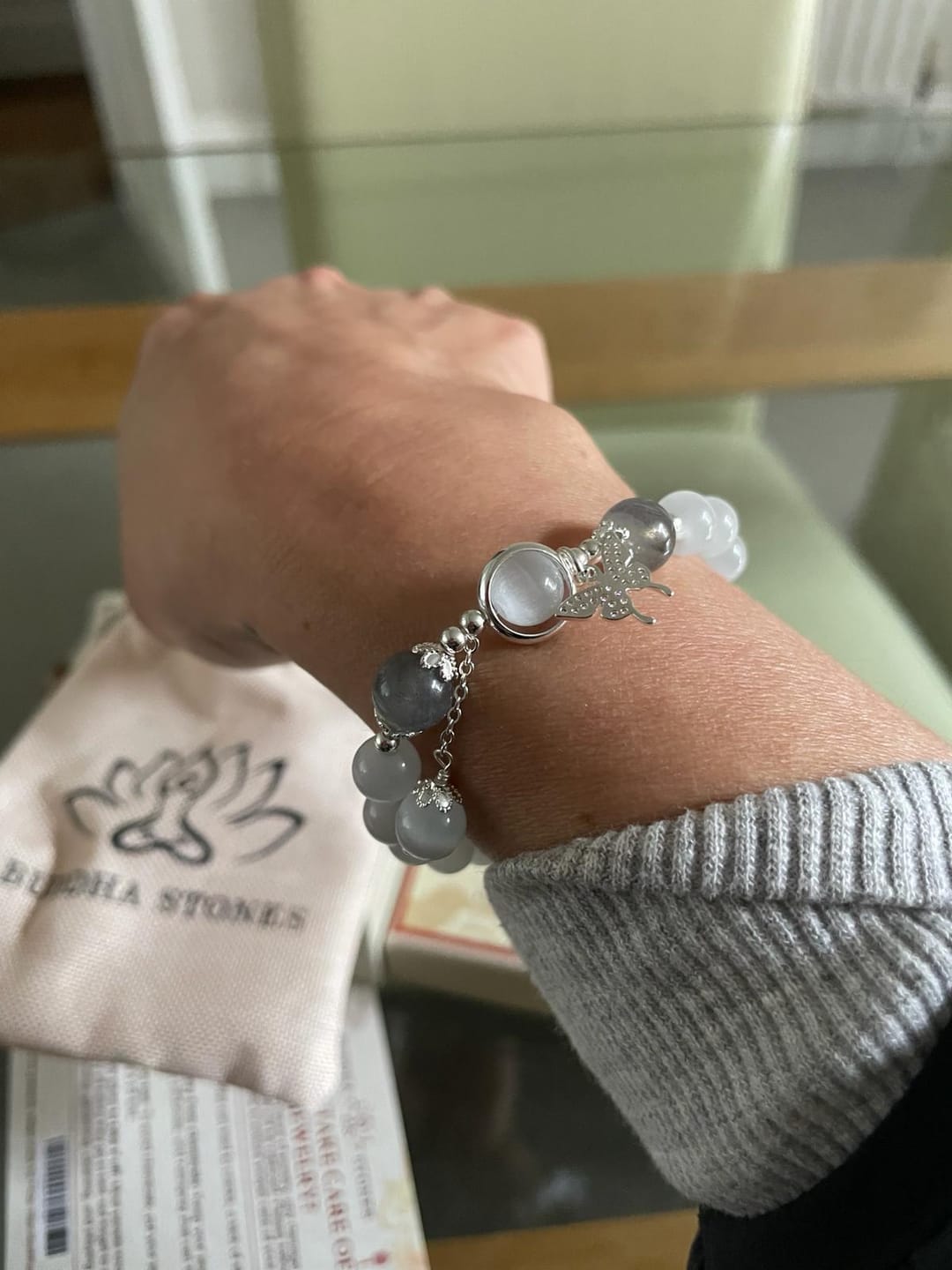 Customer photo review of Buddha Stones Cat's Eye Moonstone Butterfly Star Charm Support Bracelet