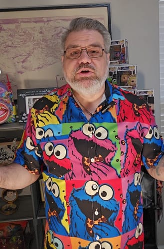 Customer photo review of Cartoon Colorful Color Block Plush Cookie Monster Printing Breast Pocket Short Sleeve Shirt