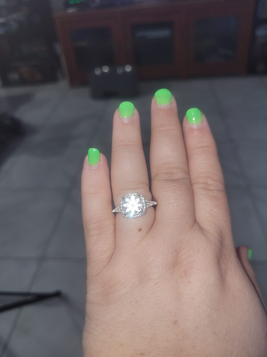 Customer photo review of Moissanite Split Shank Square Halo Pave Engagement Ring
