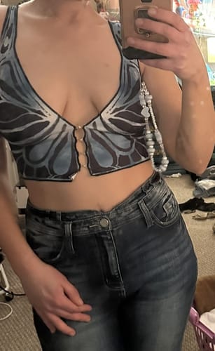 Customer photo review of V neck butterfly print buttoned crop top