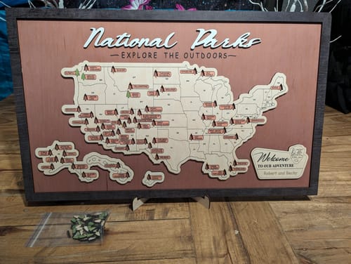 Customer photo review of US Wooden National Parks Travel Map With Trees To Record Park Visits (Light Grey)
