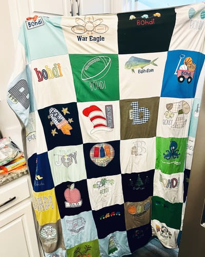 T-shirt quilt with sports, fishing themes by Kelly from AL
