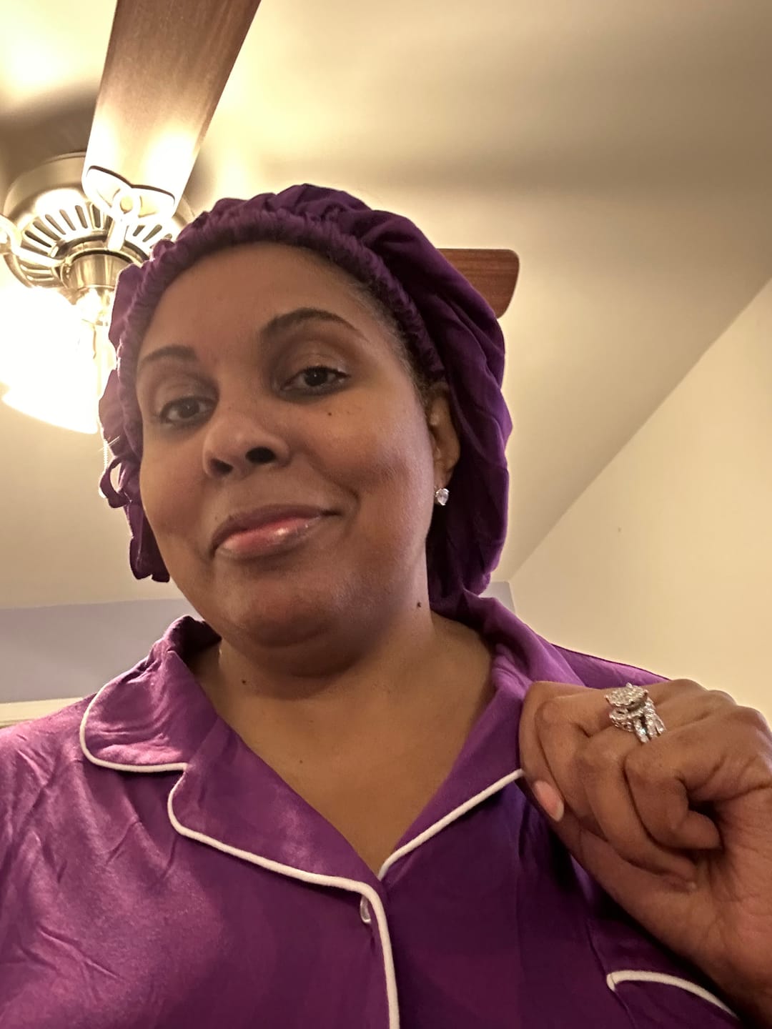 Customer photo review of Women's Bamboo Moisture Wicking, Purple Passion Long Sleeve Pajama Pants Set, With A Matching Satin-Lined Bonnet