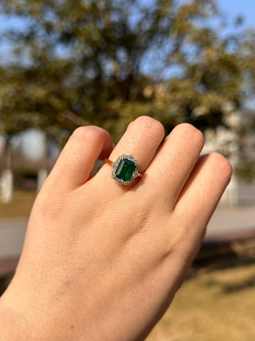 Customer photo review of S925 3.0Ct Emerald Cut Green/Red/Blue Stone Halo Engagement Ring Vintage Ring