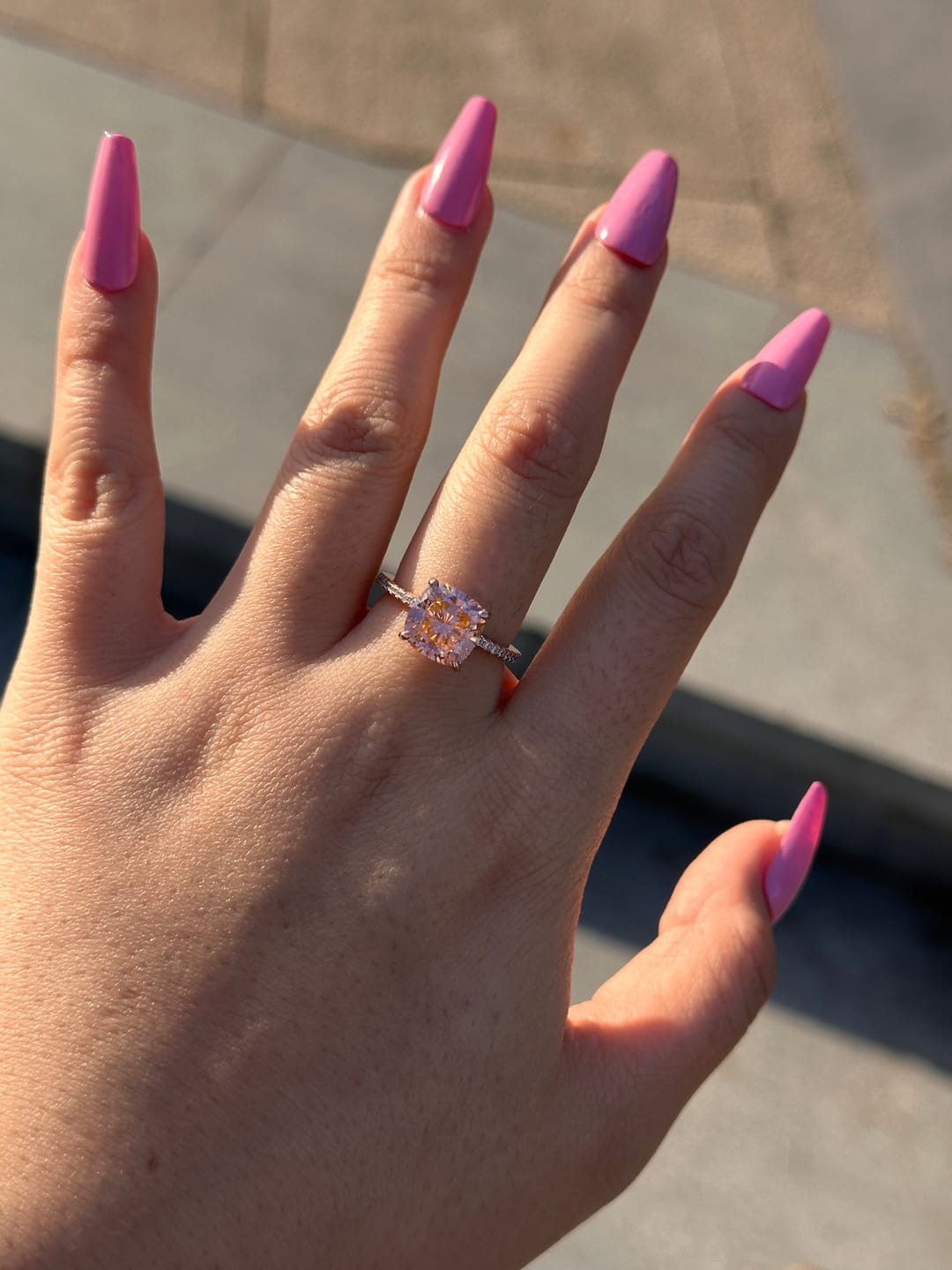Customer photo review of Louily 3.5Ct Rose Gold Solitaire Cushion Cut Engagement Ring with Double Hidden Halo