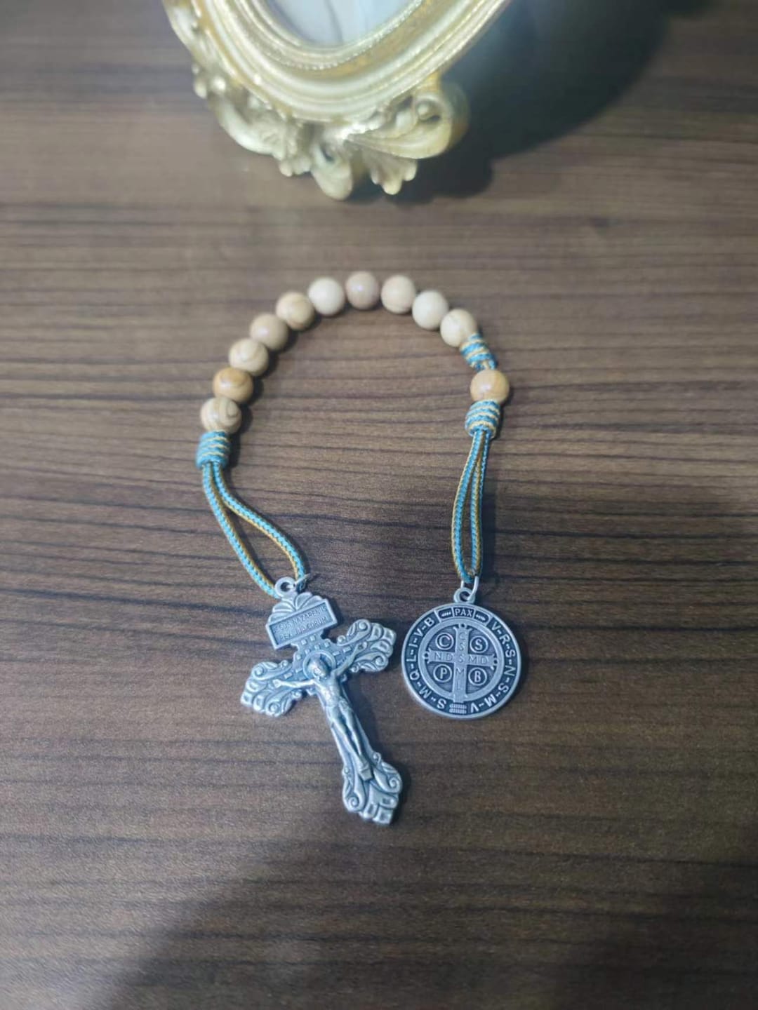 Customer photo review of Olive Wood Saint Benedict Bead Bracelet and Cross
