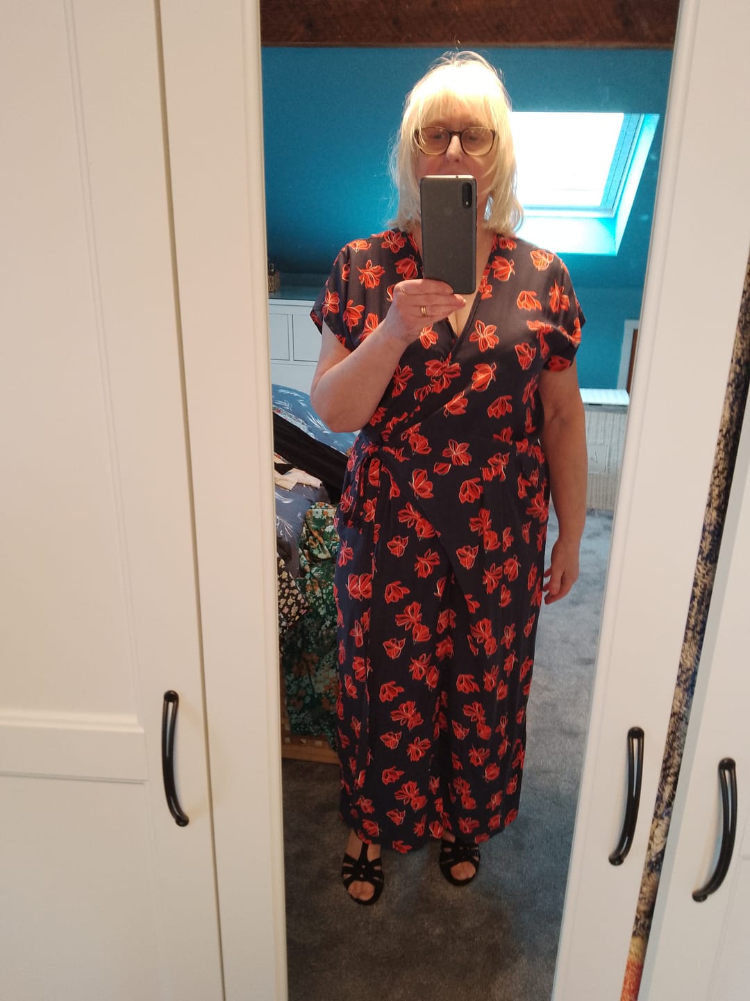 Customer photo review of Red Floral on Navy Viscose Challis Fabric