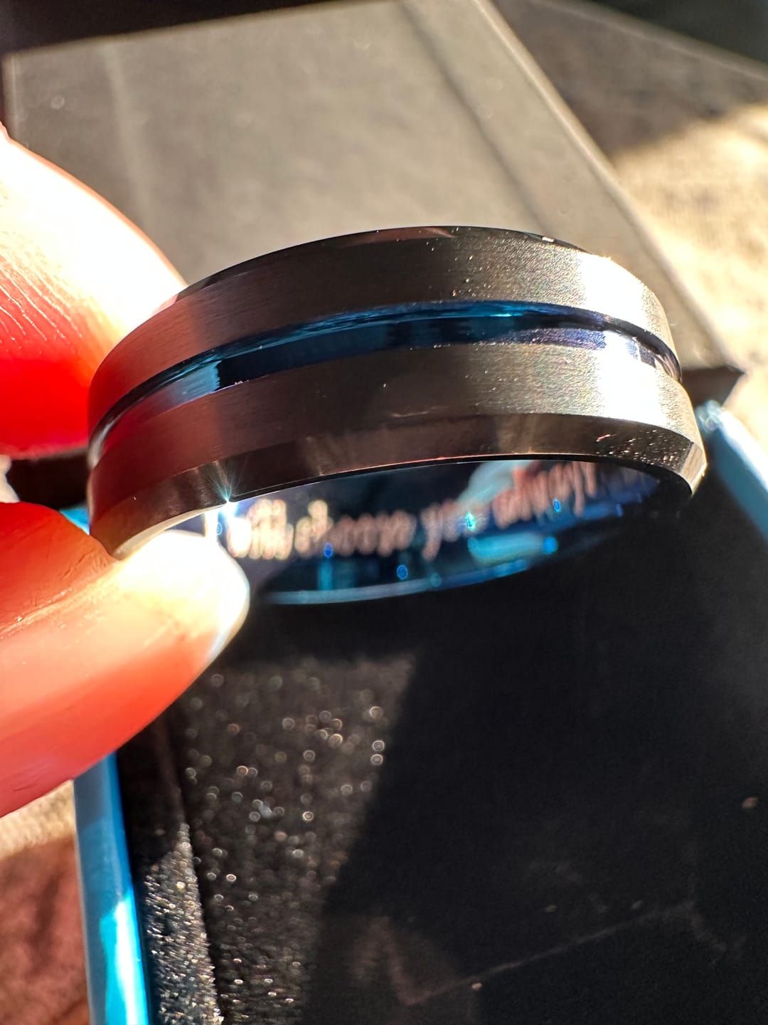 Customer photo review of 8mm - Black & Blue Tungsten Carbide Ring  Grooved Beveled Edges Wedding Band