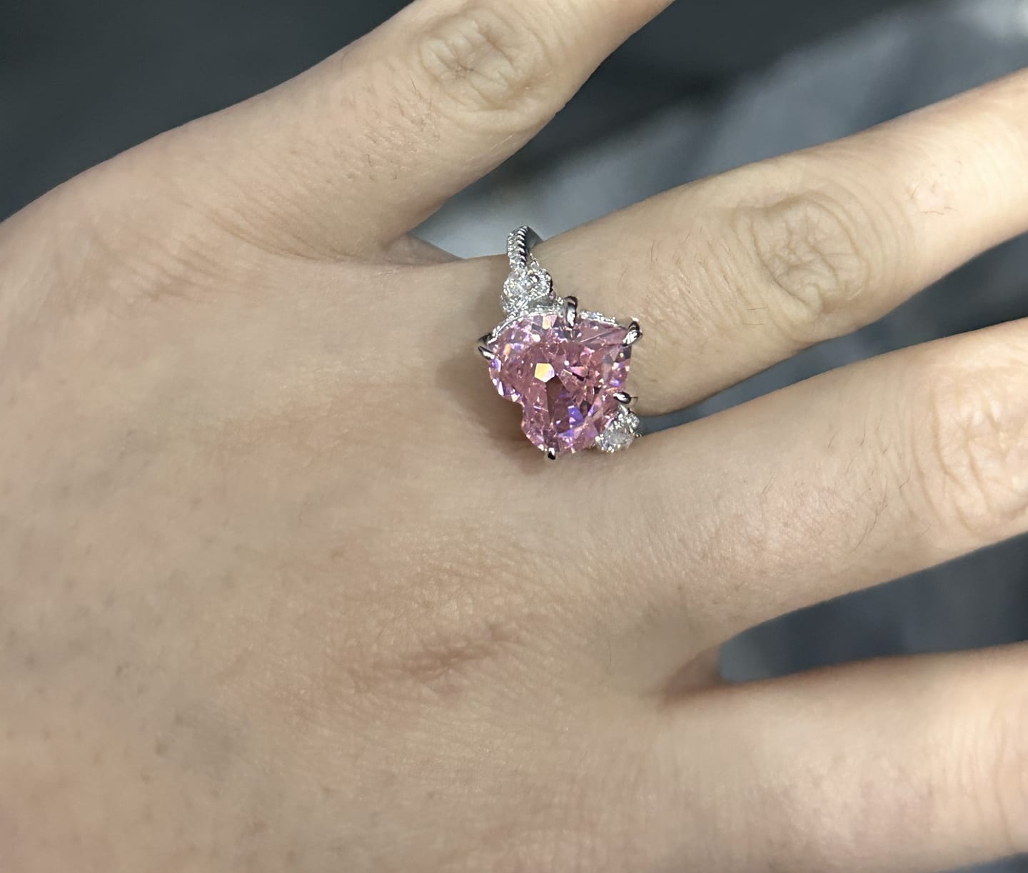 Customer photo review of S925 5.0Ct Heart Cut Royal Romantic Pink Stone Heart Cut Engagement Ring In Sterling Silver