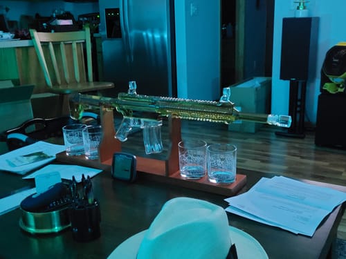 Customer photo review of AR-15 Glass Decanter with Constitution Whiskey Glasses