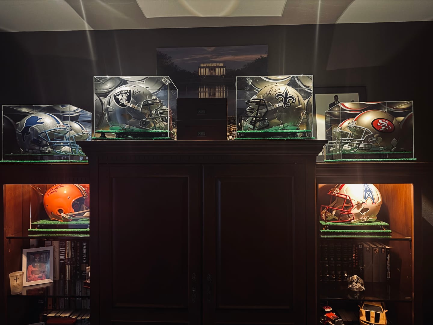 Customer photo review of Mini/Miniature Football Helmet (not Full Size) Display Case - Mirror no Wall Mounts (A003/V45)