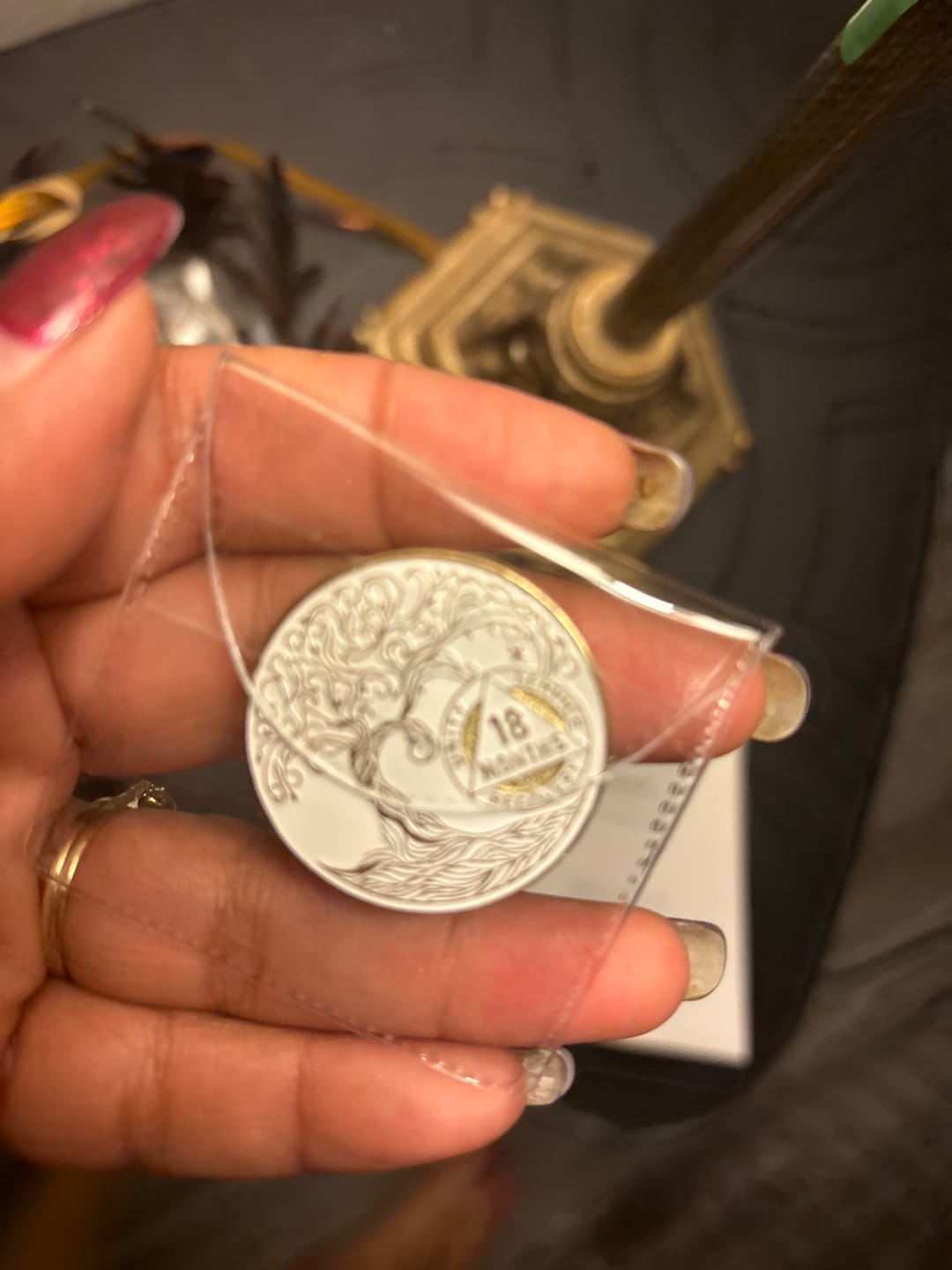 Customer photo review of 18 Months Sobriety Mint Twisted Tree of Life Gold Plated AA Recovery Medallion - Eighteen Months Chip/Coin - White