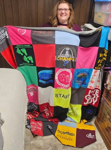 T-shirt quilt with sports, team activities themes by Marnie from MO