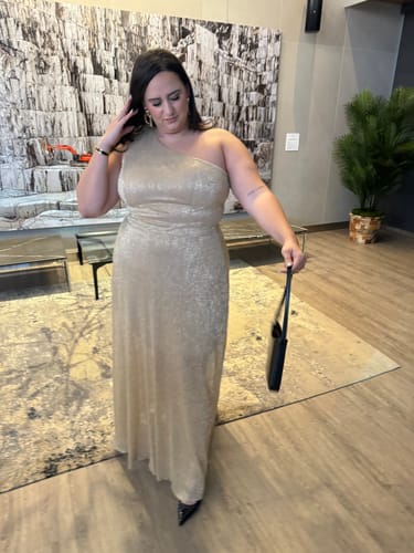 Customer photo review of Elsie Gold Gown by Dress The Population - RENTAL