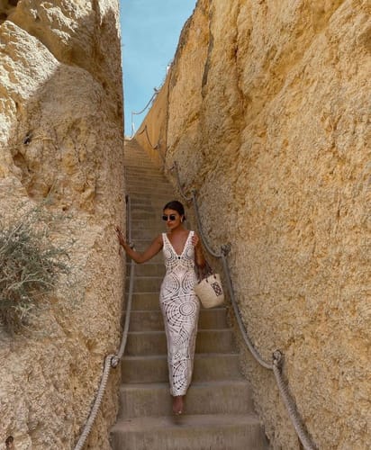 Customer photo review of On Vacay Time Crochet Lace Cutout Waist Coverup Stretch Maxi Dress