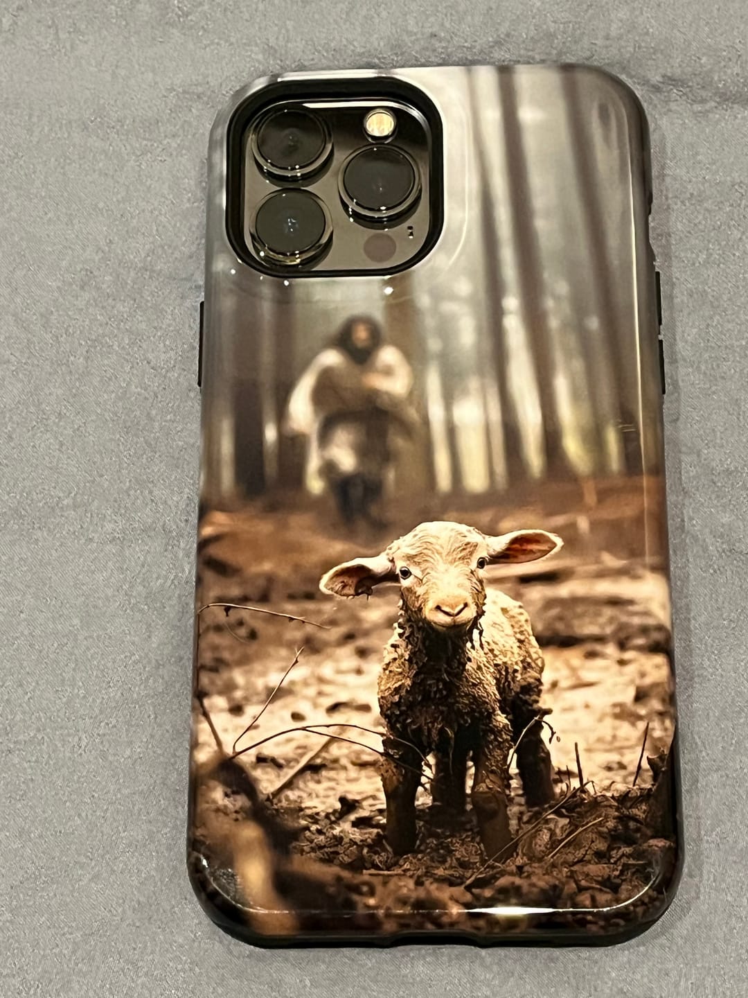 Customer photo review of Jesus With The Sheep, Jesus Running After Lamb, Phone Case