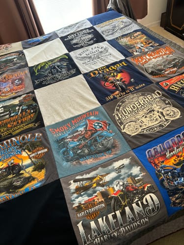 T-shirt quilt with motorcycling, biking themes by J from FL