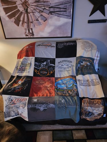 T-shirt quilt with motorcycling, biking themes by Justene from MI