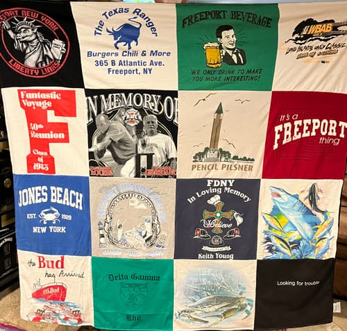 T-shirt quilt with food, beach activities themes by Dardo from NY