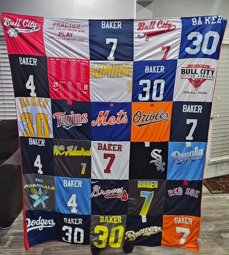 T-shirt quilt with baseball, softball themes by Ivy from NC