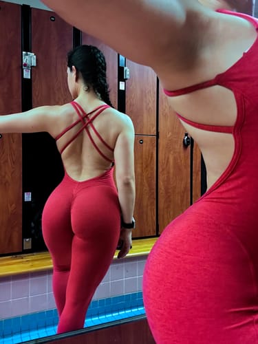 Customer photo review of Heather Red Snatching Scrunch Butt Jumpsuit